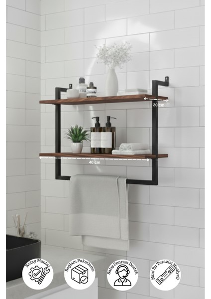 40x20 cm Banyo Rafı Duvara Monte Havluluk 2 Katlı Dekoratif Düzenleyici Organizer Siyah Metal