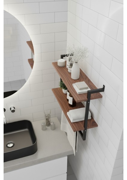 40x20 cm Banyo Rafı Duvara Monte Havluluk 2 Katlı Dekoratif Düzenleyici Organizer Siyah Metal fırsatları