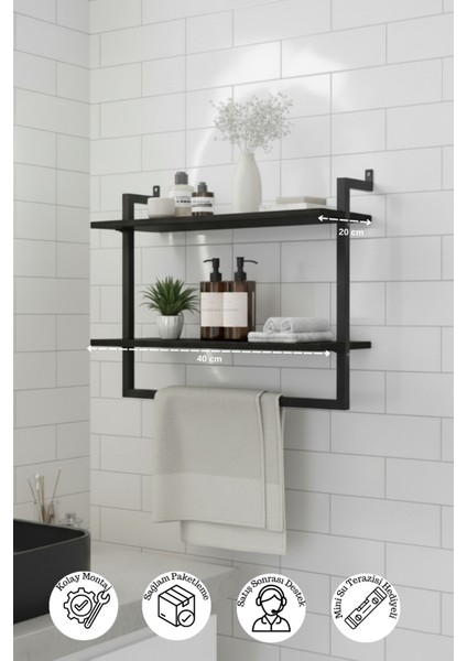 40x20 cm Banyo Rafı Duvara Monte Havluluk 2 Katlı Dekoratif Düzenleyici Organizer Siyah Metal
