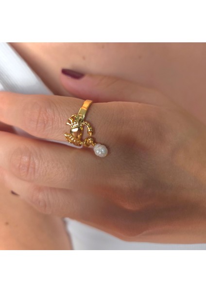 Yengeç Figürlü Altın Kaplama Ayarlanabilir Kadın Yüzük – Beyaz Gerçek Inci 🦀 fiyatları