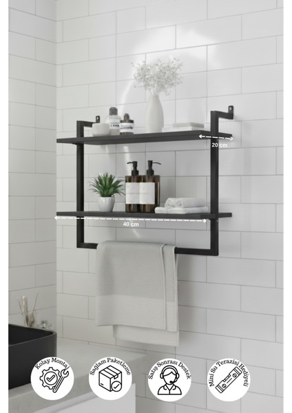 40x20 cm Banyo Rafı Duvara Monte Havluluk 2 Katlı Dekoratif Düzenleyici Organizer Siyah Metal