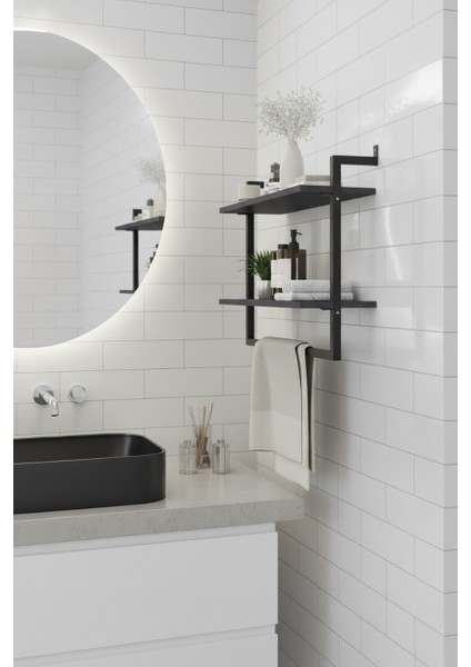 40x20 cm Banyo Rafı Duvara Monte Havluluk 2 Katlı Dekoratif Düzenleyici Organizer Siyah Metal modelleri