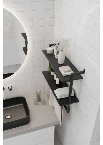 40x20 cm Banyo Rafı Duvara Monte Havluluk 2 Katlı Dekoratif Düzenleyici Organizer Siyah Metal fırsatları