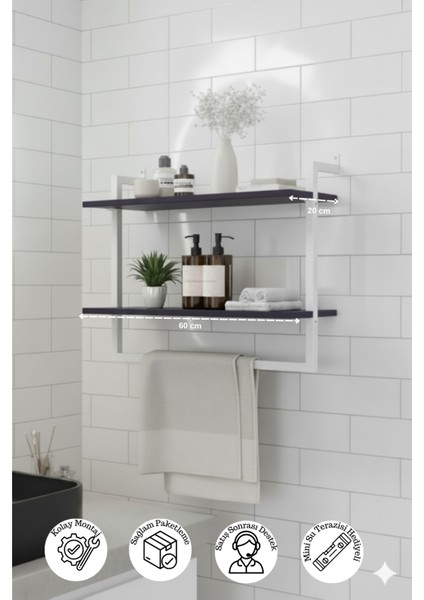 60x20 cm Banyo Rafı Duvara Monte Havluluk 2 Katlı Dekoratif Düzenleyici Organizer Beyaz Metal