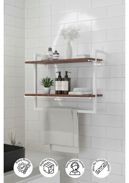 60x20 cm Banyo Rafı Duvara Monte Havluluk 2 Katlı Dekoratif Düzenleyici Organizer Beyaz Metal