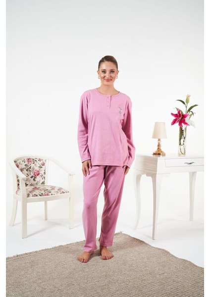 Kadın Kışlık Patlı Çiçek Motifli Interlok Şardonlu Pijama Takımı