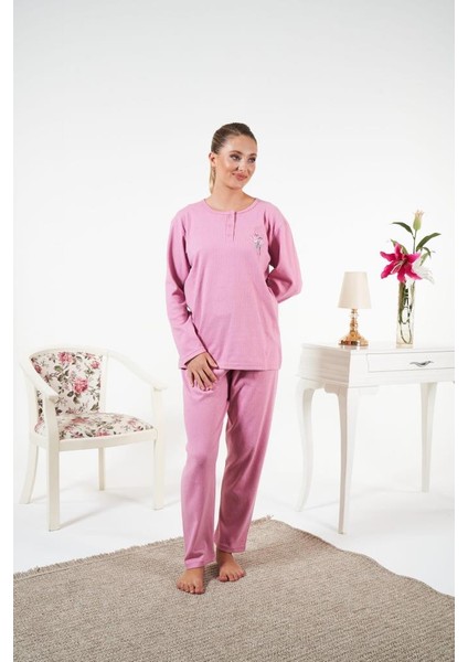 Kadın Kışlık Patlı Çiçek Motifli Interlok Şardonlu Pijama Takımı