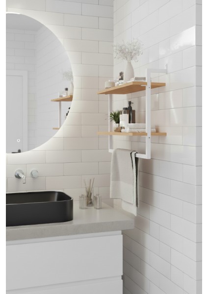 60x20 cm Banyo Rafı Duvara Monte Havluluk 2 Katlı Dekoratif Düzenleyici Organizer Beyaz Metal modelleri