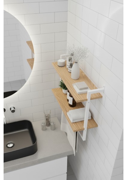 60x20 cm Banyo Rafı Duvara Monte Havluluk 2 Katlı Dekoratif Düzenleyici Organizer Beyaz Metal fırsatları