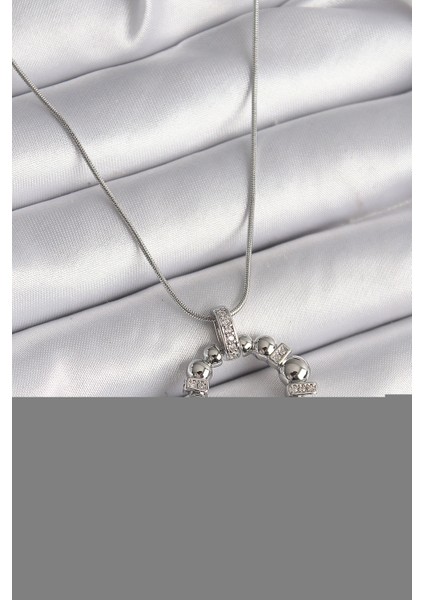 316L Çelik Gümüş Renk Zincir Zirkon Taş Detaylı Bombeli Halka Model Kadın Kolye