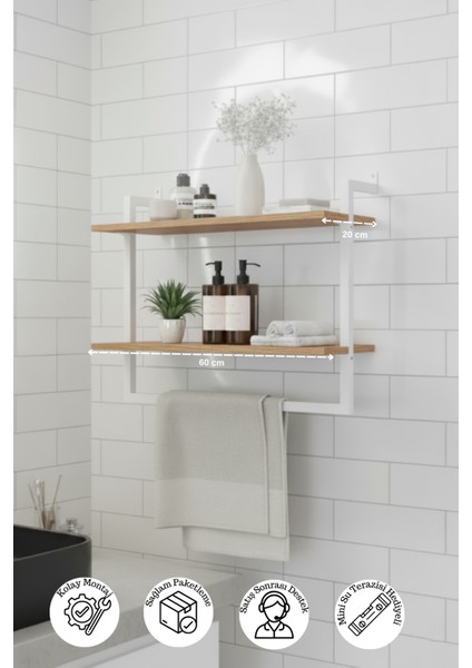 60x20 cm Banyo Rafı Duvara Monte Havluluk 2 Katlı Dekoratif Düzenleyici Organizer Beyaz Metal