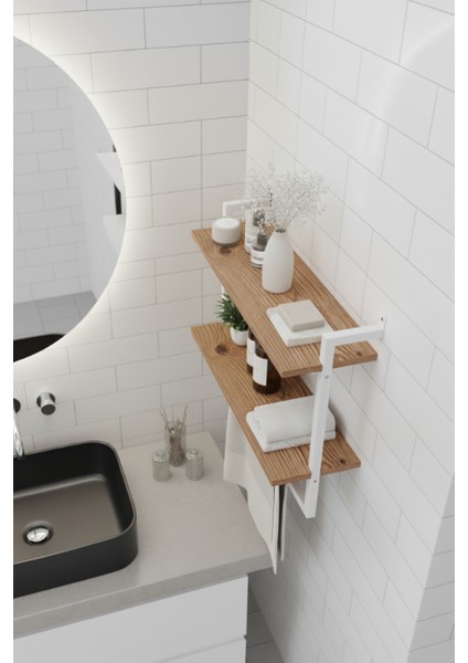 60x20 cm Banyo Rafı Duvara Monte Havluluk 2 Katlı Dekoratif Düzenleyici Organizer Beyaz Metal fırsatları