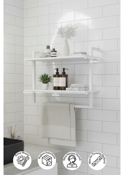 60x20 cm Banyo Rafı Duvara Monte Havluluk 2 Katlı Dekoratif Düzenleyici Organizer Beyaz Metal