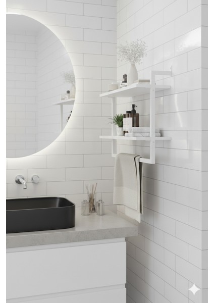 60x20 cm Banyo Rafı Duvara Monte Havluluk 2 Katlı Dekoratif Düzenleyici Organizer Beyaz Metal modelleri