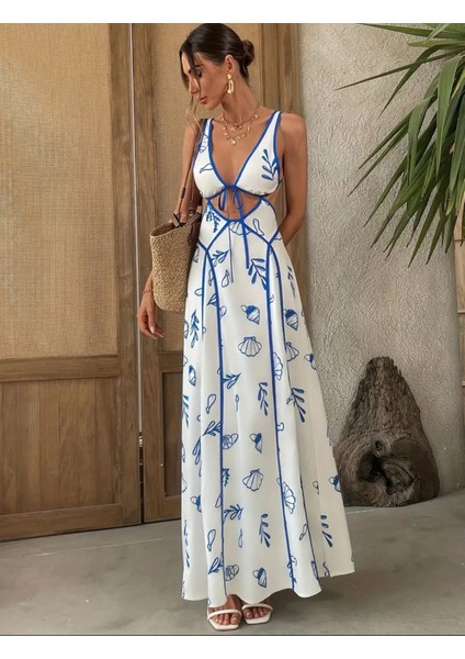 Beyaz Mavi Desenli V Yaka Bağcıklı Maxi Elbise modelleri