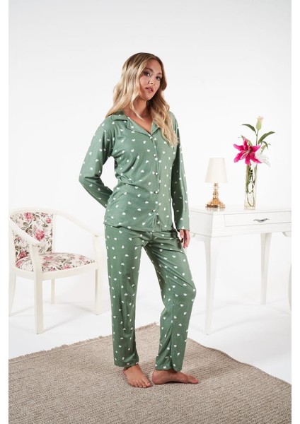 Kadın Kışlık Önden Düğmeli Kalp Desenli Süet Pijama Takımı