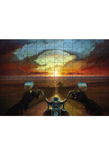 Motorcu Uzun Ince Yol 120 Parça Puzzle Yapboz Mdf (Ahşap)