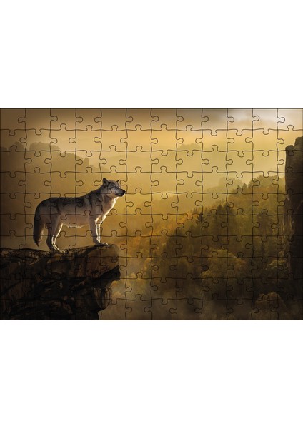 Gün Batımında Yalnız Kurt 120 Parça Puzzle Yapboz Mdf (Ahşap)