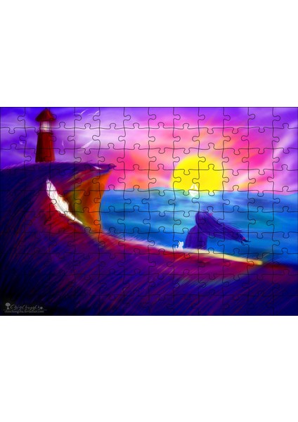 Cakapuzzle Deniz Feneri, Günbatımı, Kadın ve Kedi 120 Parça Puzzle Yapboz Mdf (Ahşap)