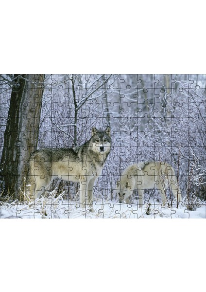 Kış Ormandaki Kurtlar Görseli 120 Parça Puzzle Yapboz Mdf (Ahşap)
