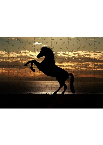 Günbatımı Şahlanmış At Silüeti 120 Parça Puzzle Yapboz Mdf (Ahşap)