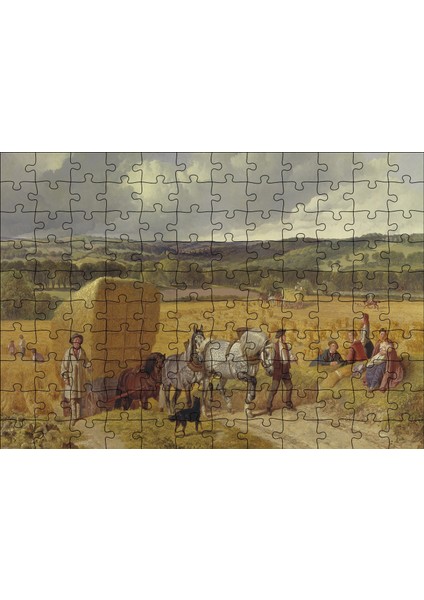 Saman Balyaları Taşıyan Atlar ve Köylüler 120 Parça Puzzle Yapboz Mdf (Ahşap)
