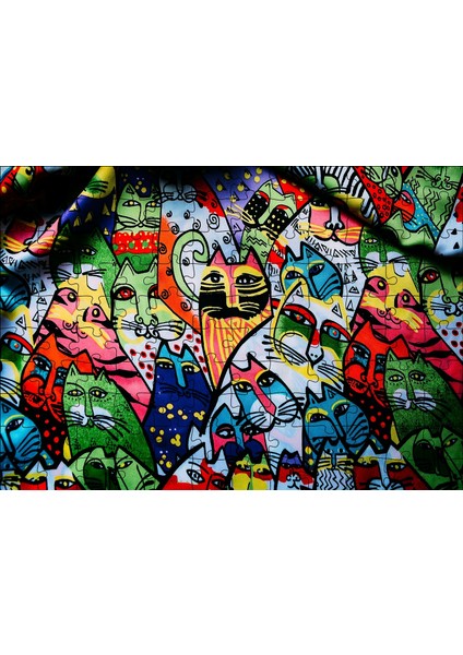 Duvar Boyama Rengarenk Kediler Çizim 120 Parça Puzzle Yapboz Mdf (Ahşap)