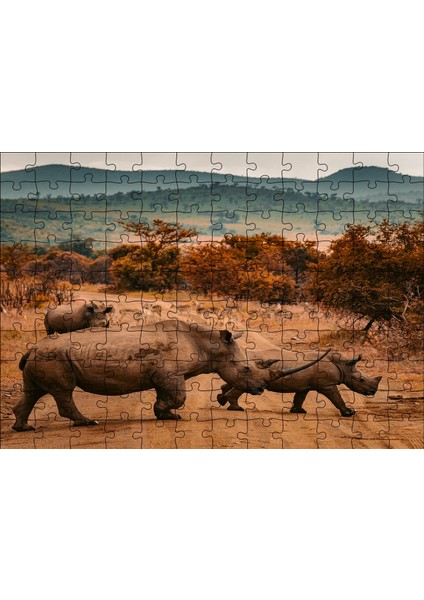 Muhteşem Boynuzlu Gergedan ve Yavrusu 120 Parça Puzzle Yapboz Mdf (Ahşap)