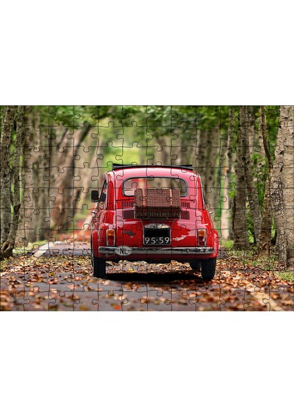 Ağaçlı Yol Yapraklar ve Kırmızı Fiat Bis 120 Parça Puzzle Yapboz Mdf (Ahşap)