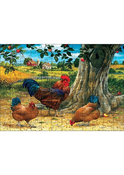 Tavuk Horoz Elma Ağacı Ev Manzarası Görseli 120 Parça Puzzle Yapboz Mdf (Ahşap)