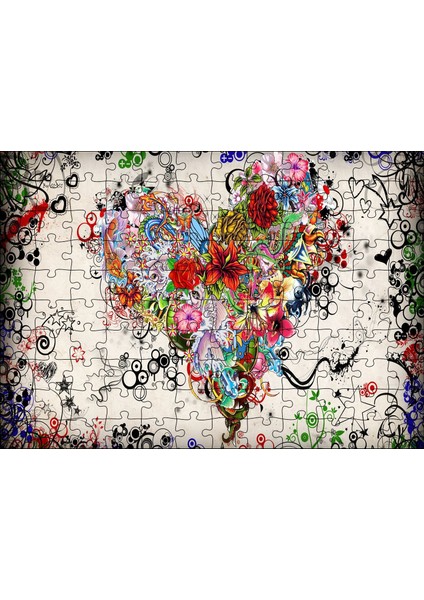 Cakapuzzle Desenler ve Çiçeklerden Kalp Figürü Görseli 120 Parça Puzzle Yapboz Mdf (Ahşap)