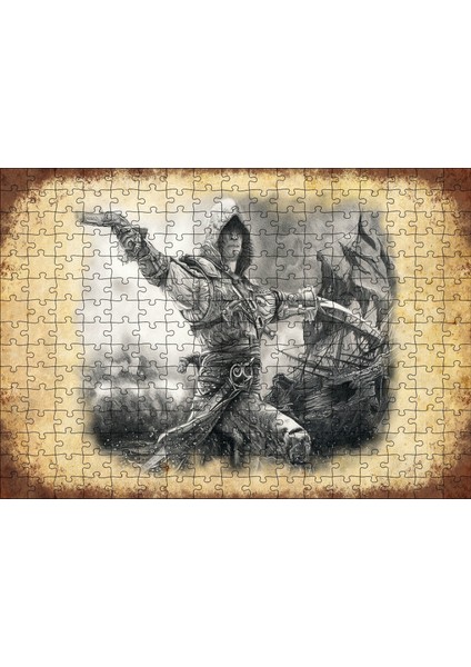 Cakapuzzle Karakalem Silahlı Korsan ve Arkada Gemisi 255 Parça Puzzle Yapboz Mdf (Ahşap)