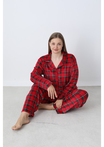 Kadın Kışlık Önden Düğmeli Kareli Kadife Battal Pijama Takımı Kırmızı indirimleri