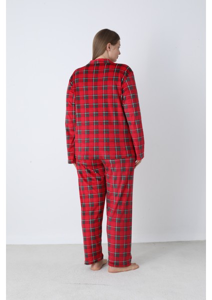 Kadın Kışlık Önden Düğmeli Kareli Kadife Battal Pijama Takımı Kırmızı