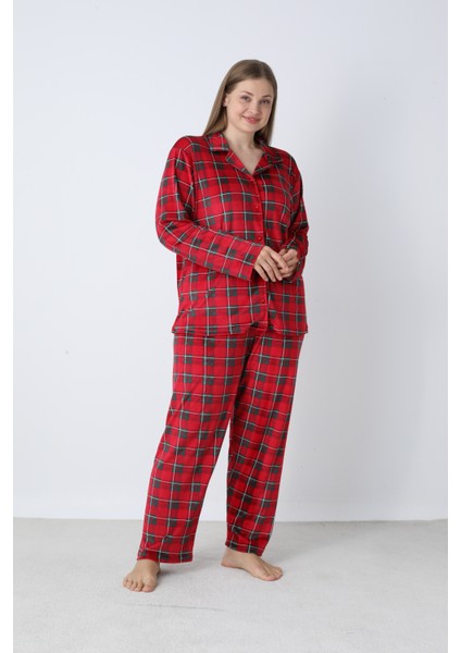 Kadın Kışlık Önden Düğmeli Kareli Kadife Battal Pijama Takımı Kırmızı