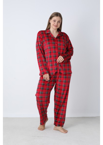 Kadın Kışlık Önden Düğmeli Kareli Kadife Battal Pijama Takımı Kırmızı