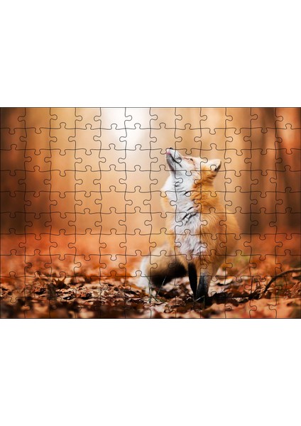 Cakapuzzle Orman Zemininde Yapraklar ve Yukarı Bakan Tilki 120 Parça Puzzle Yapboz Mdf (Ahşap)