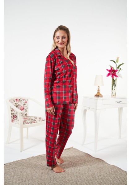 Kadın Kışlık Önden Düğmeli Kareli Kadife Pijama Takımı Kırmızı modelleri