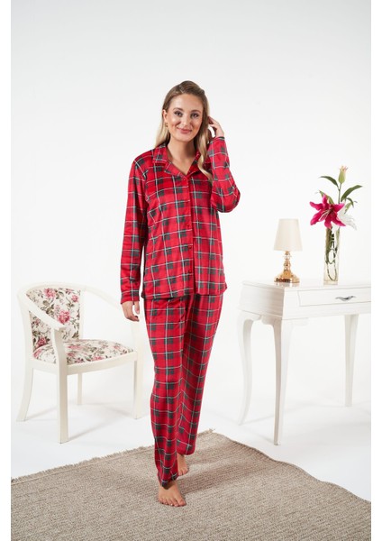 Kadın Kışlık Önden Düğmeli Kareli Kadife Pijama Takımı Kırmızı fırsatları