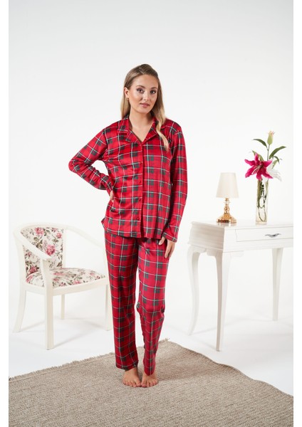 Kadın Kışlık Önden Düğmeli Kareli Kadife Pijama Takımı Kırmızı indirimleri