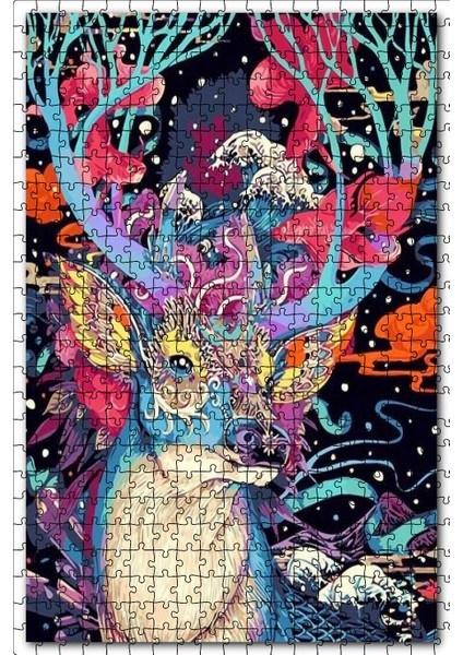 Ren Geyiği ve Soyut Desenler Illüstrasyon 120 Parça Puzzle Yapboz Mdf (Ahşap)