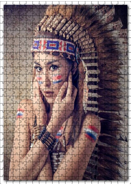 Kızılderili Giysili Kız Görseli 120 Parça Puzzle Yapboz Mdf (Ahşap)