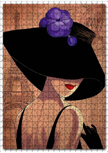 Pariste Şapkalı Kadın Görseli 120 Parça Puzzle Yapboz Mdf (Ahşap)