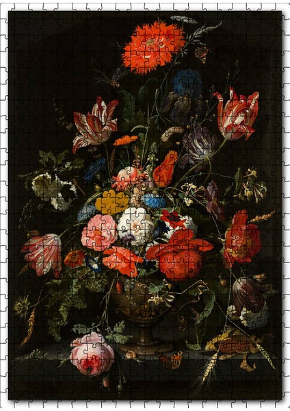 Karanlık Arkaplan Vazoda Renkli Çiçekler 120 Parça Puzzle Yapboz Mdf (Ahşap)