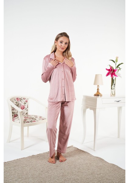 Kadın Kışlık Önden Düğmeli Puantiyeli Kadife Pijama Takımı Pudra fırsatları