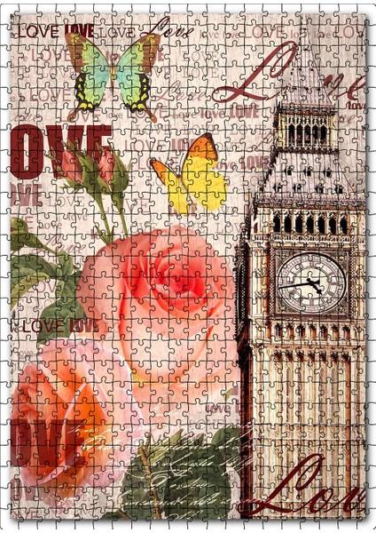 Londra Saat Kulesi Gül Kelebek Görsel 120 Parça Puzzle Yapboz Mdf (Ahşap)