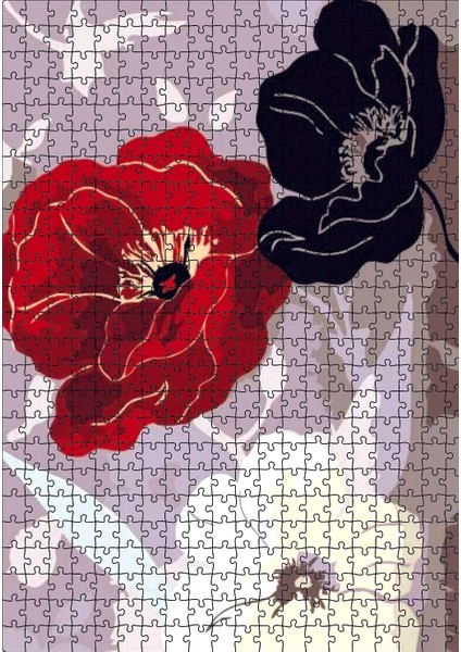 Kırmızı Beyaz Siyah Gelincik Çiçekler Görseli 120 Parça Puzzle Yapboz Mdf (Ahşap)