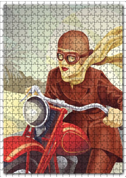 Kırmızı Motorsikletli Kahverengi Kıyafetli Kız 120 Parça Puzzle Yapboz Mdf (Ahşap)