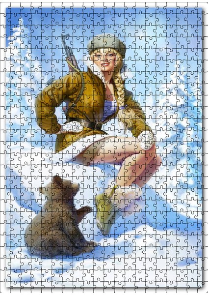 Karlar Içinde Seksi Rus Askeri ve Yavru Ayı 120 Parça Puzzle Yapboz Mdf (Ahşap)