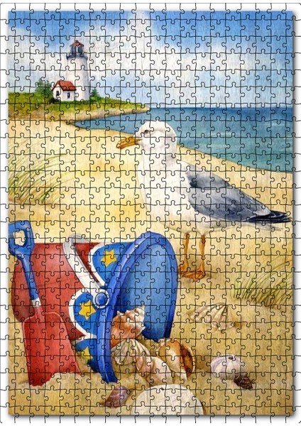 Deniz Kumsal Kabuğu Martı Fener Görseli 120 Parça Puzzle Yapboz Mdf (Ahşap)